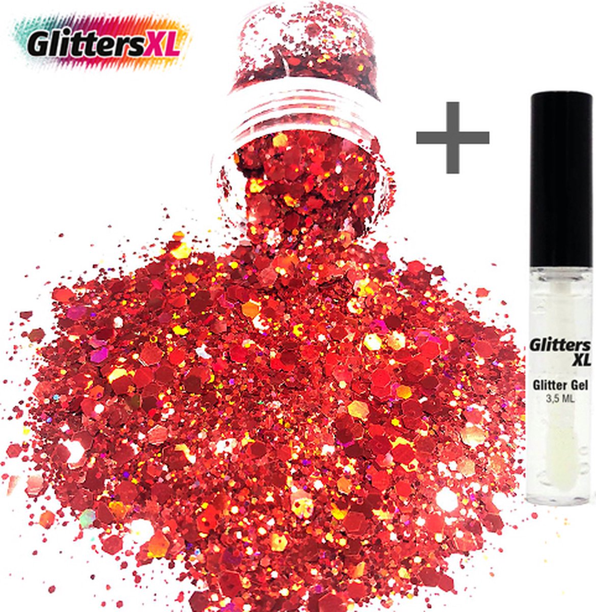 GlittersXL - Chunky Glitters (Rood) (Volume 8g) + Glitter Huid Lijm [Festival Makeup Gezicht Lichaam - Face Body Glitter - Biologisch afbreekbaar - Versiering Dames Volwassen Kinderen]